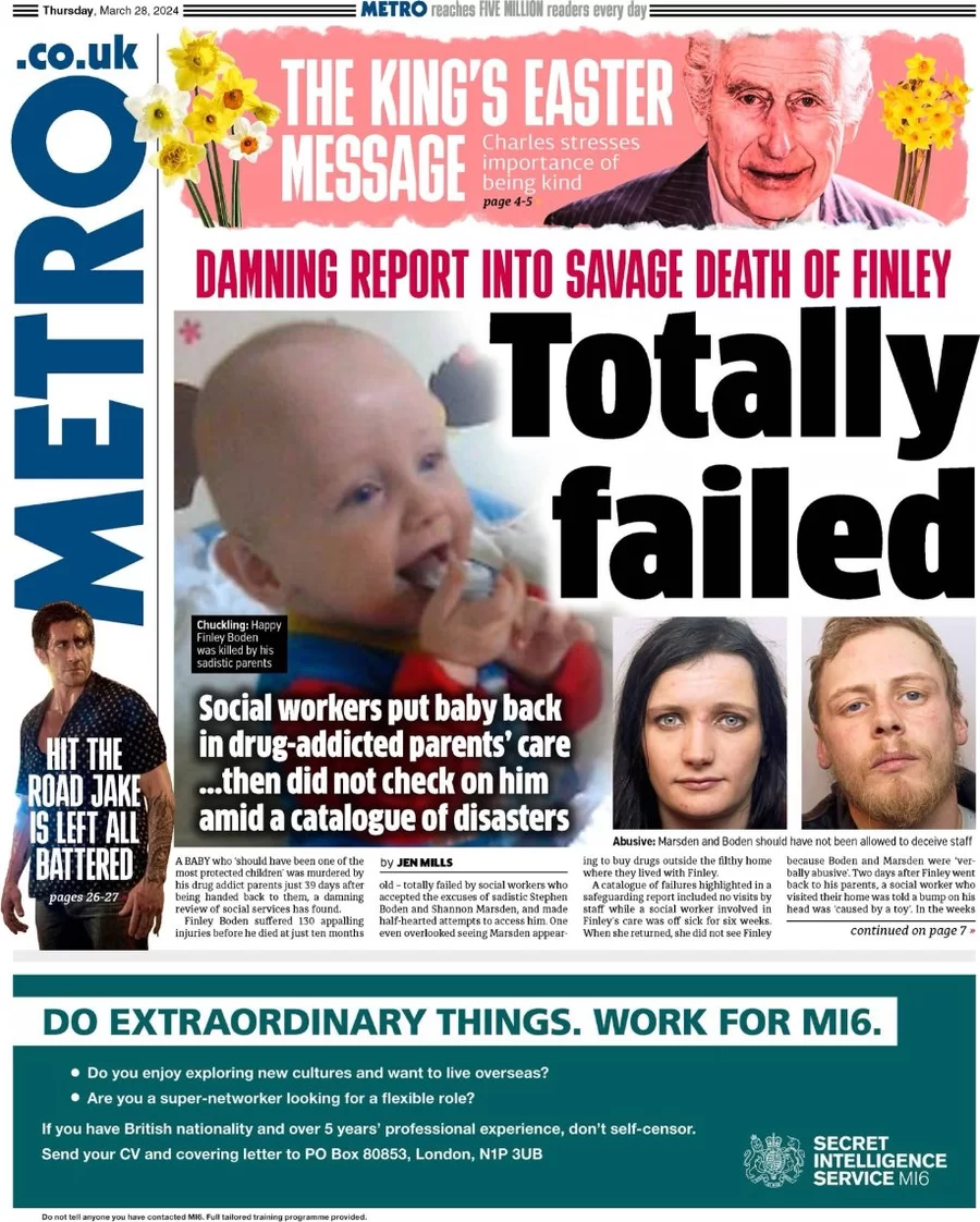 Metro - Damning report into savage death of Finley: Totally failed 