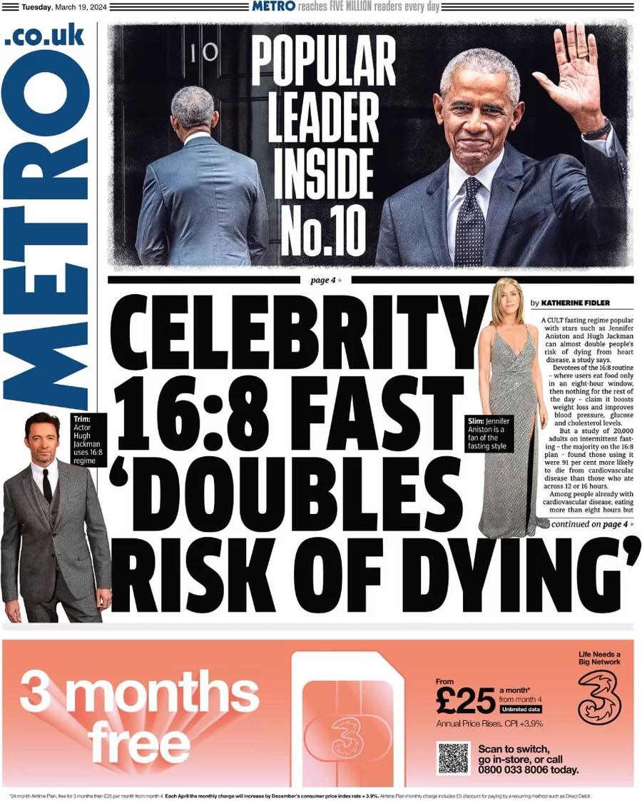 Metro - Celebrity 16:8 fast doubles the risk of dying 