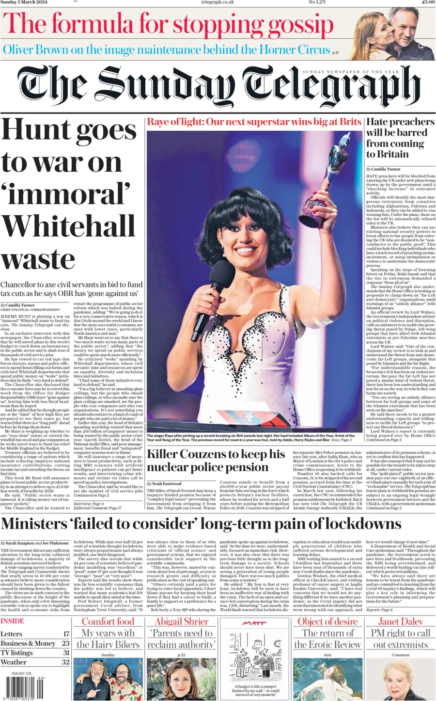 The Sunday Telegraph - Hunt goes to war on immoral Whitehall waste 