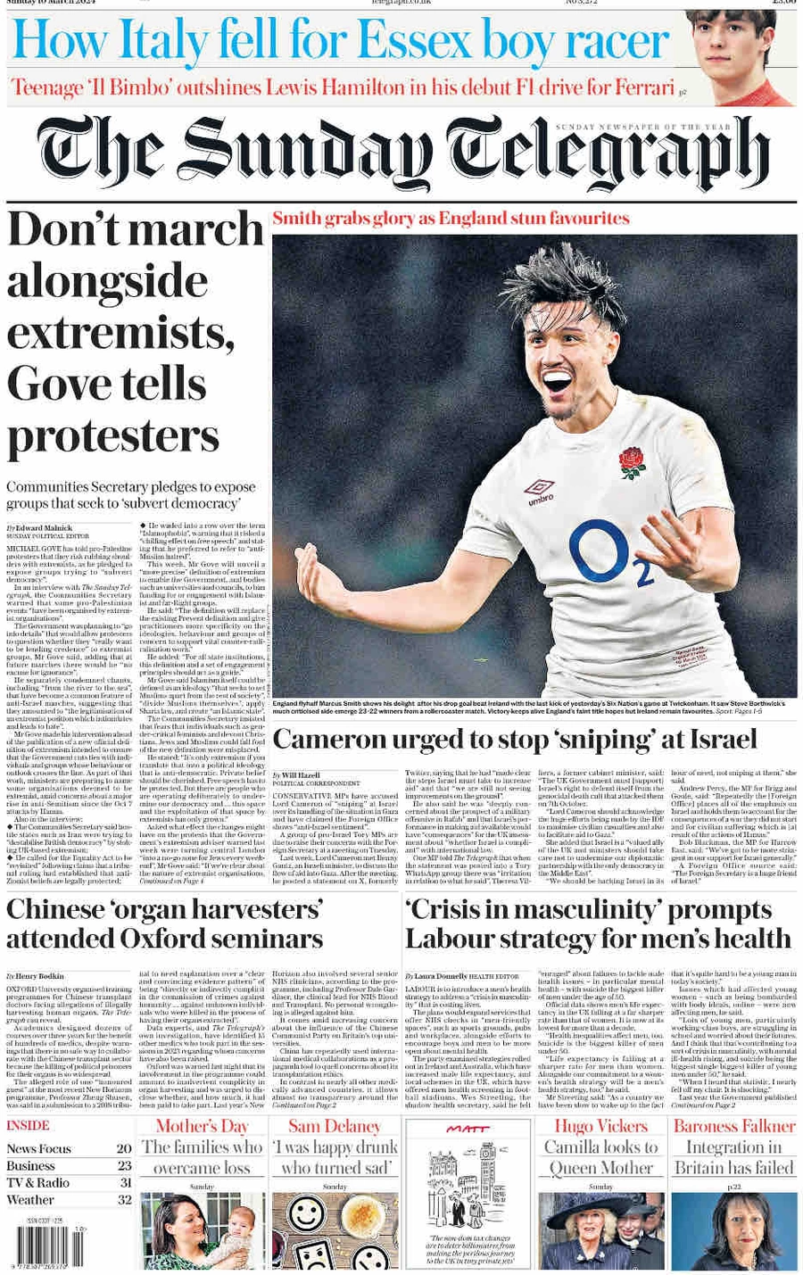 The Sunday Telegraph – Don’t march alongside extremists, Gove tells protesters