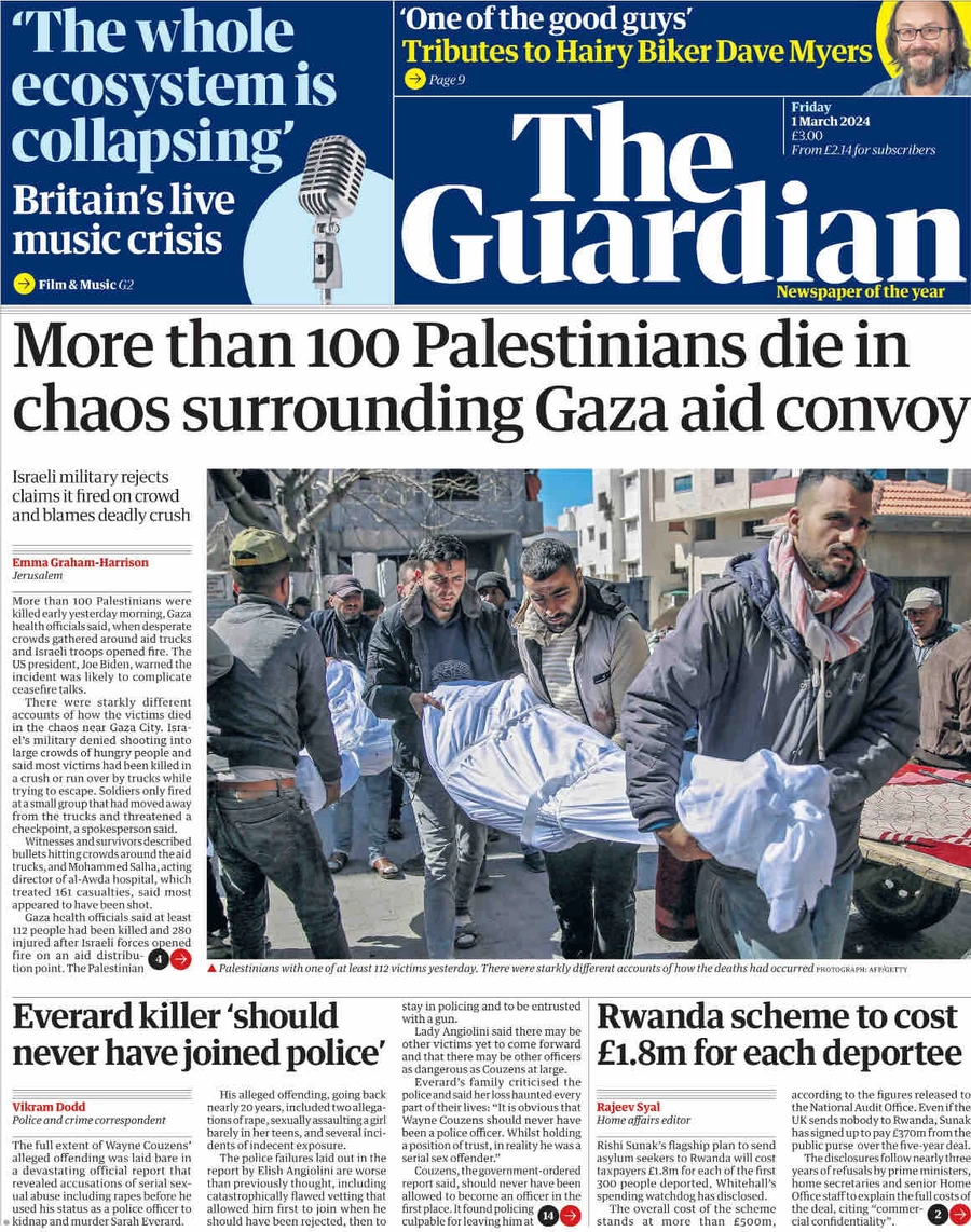 The Guardian - More than 100 Palestinians die in chaos surrounding Gaza aid convoy  