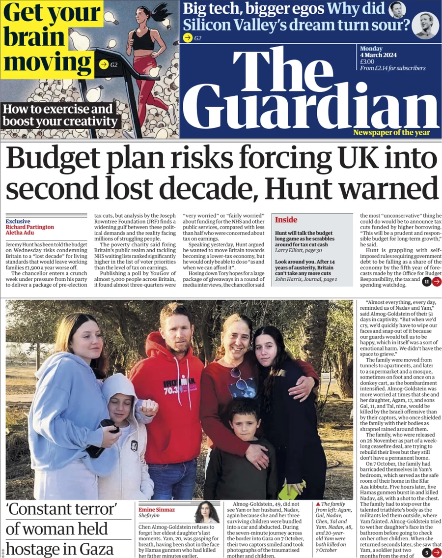 The Guardian - Budget plan risks forcing UK into second lost decade, Hunt warned