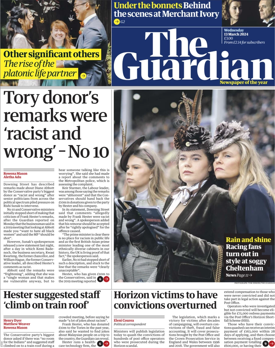 The Guardian - Tory donor's remarks were racist and wrong - No 10 