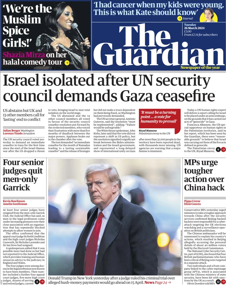 The Guardian - Israel isolated after UN Security Council demands Gaza ceasefire 
