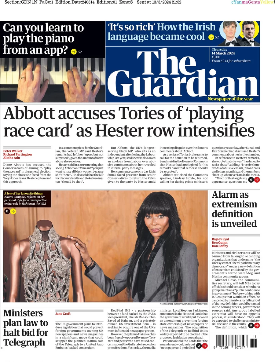 The Guardian - Abbott accuses Tories of playing race card as Hester row intensifies 