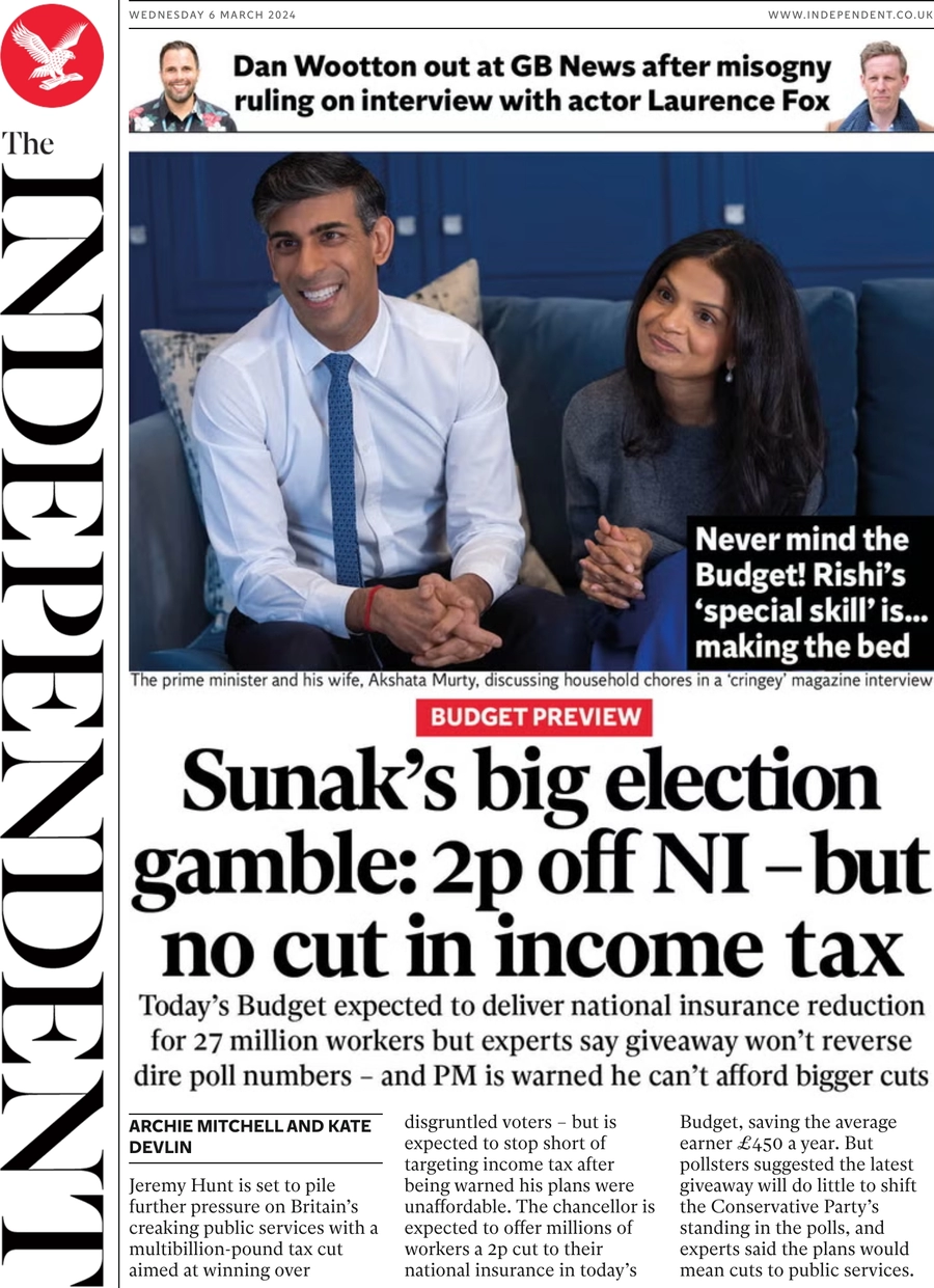 The Independent - Sunak’s big election gamble: 2p off NI - but no cut in income tax