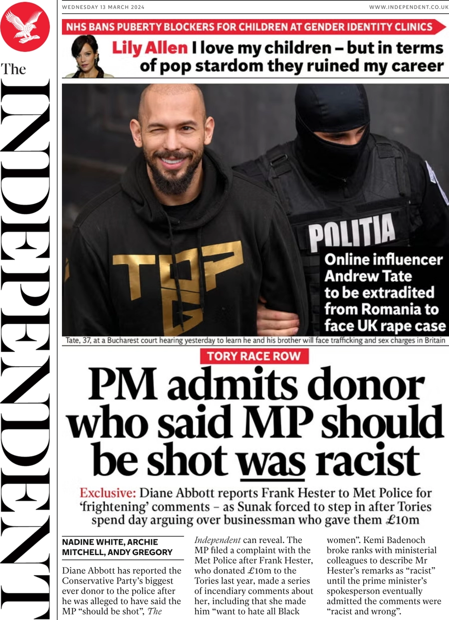 The Independent - PM admits donor who said MP should be shot was racist 