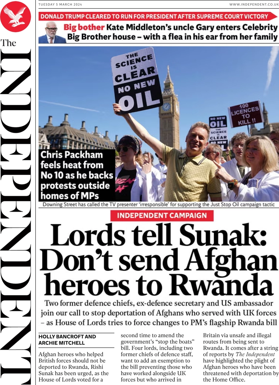 The Independent - Lords tells Sunak: Don’t send Afghan heroes to Rwanda