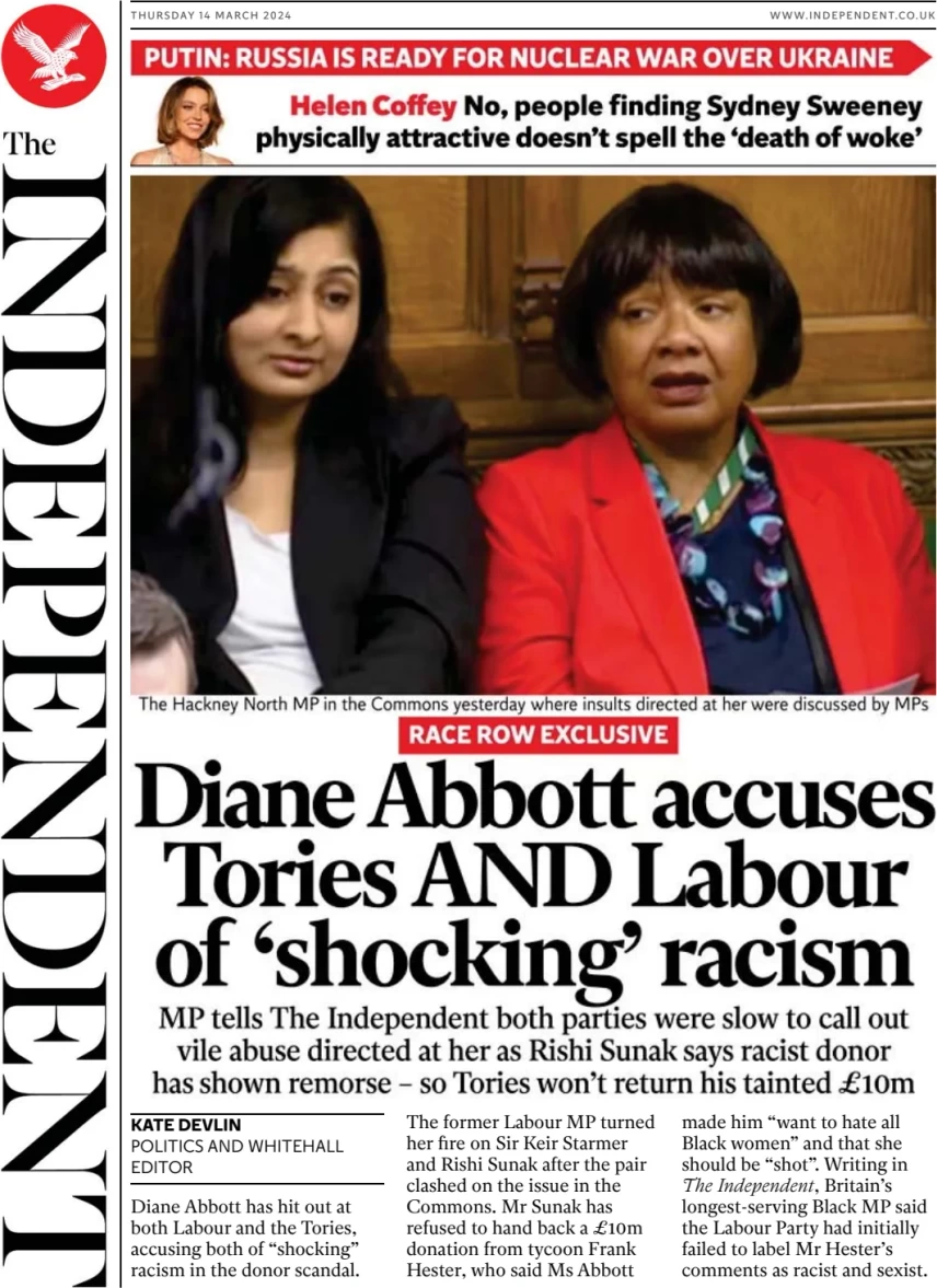 The Independent - Diane Abbott accuses both Tories & Labour of shocking racism 