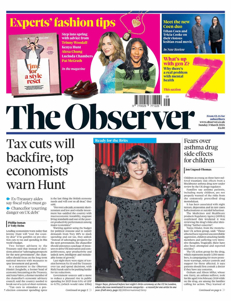The Observer  - Tax cuts will backfire, economists warn Hunt