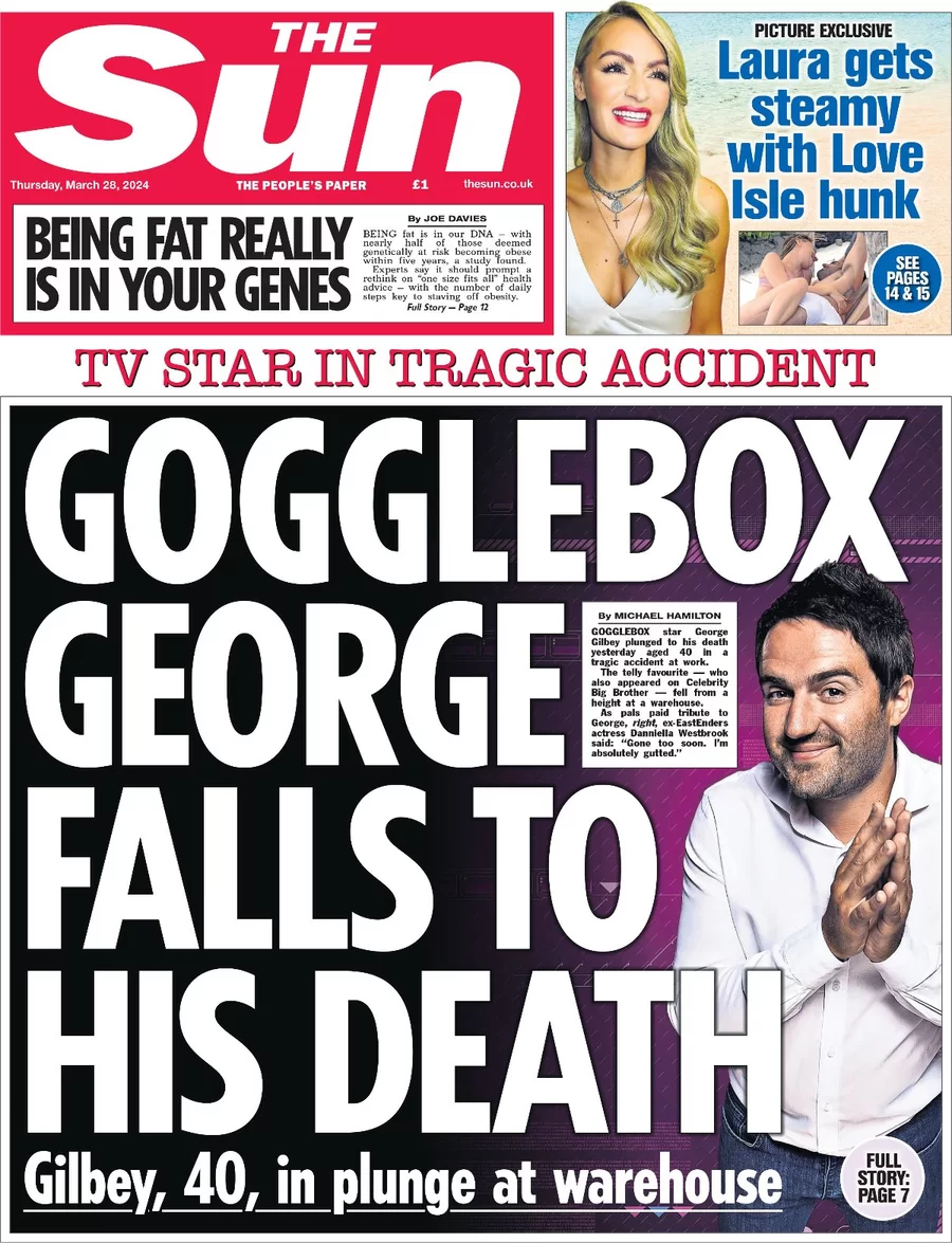 The Sun - Gogglebox George falls to his death 