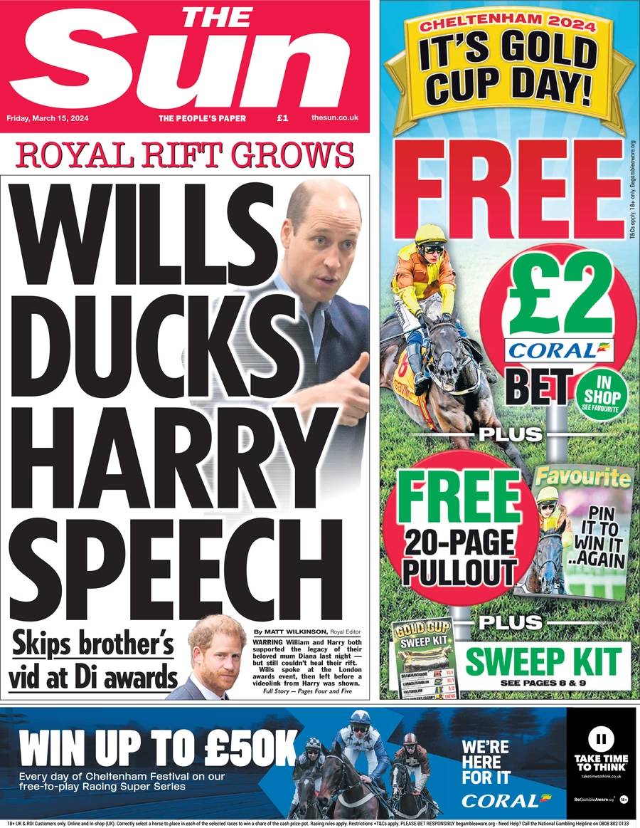 The Sun - Royal rift grows: Wills ducks Harry's speech 
