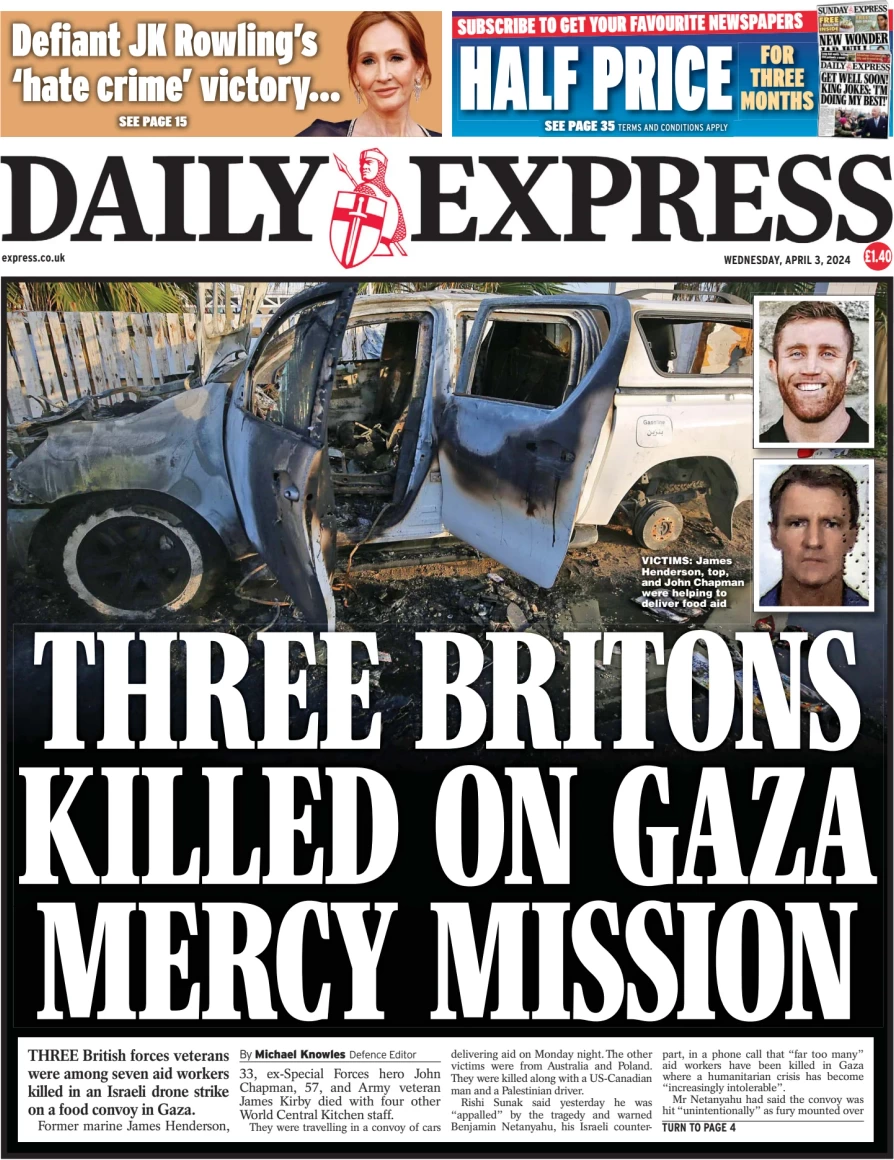 Daily Express - Three Britons killed on Gaza mercy mission 