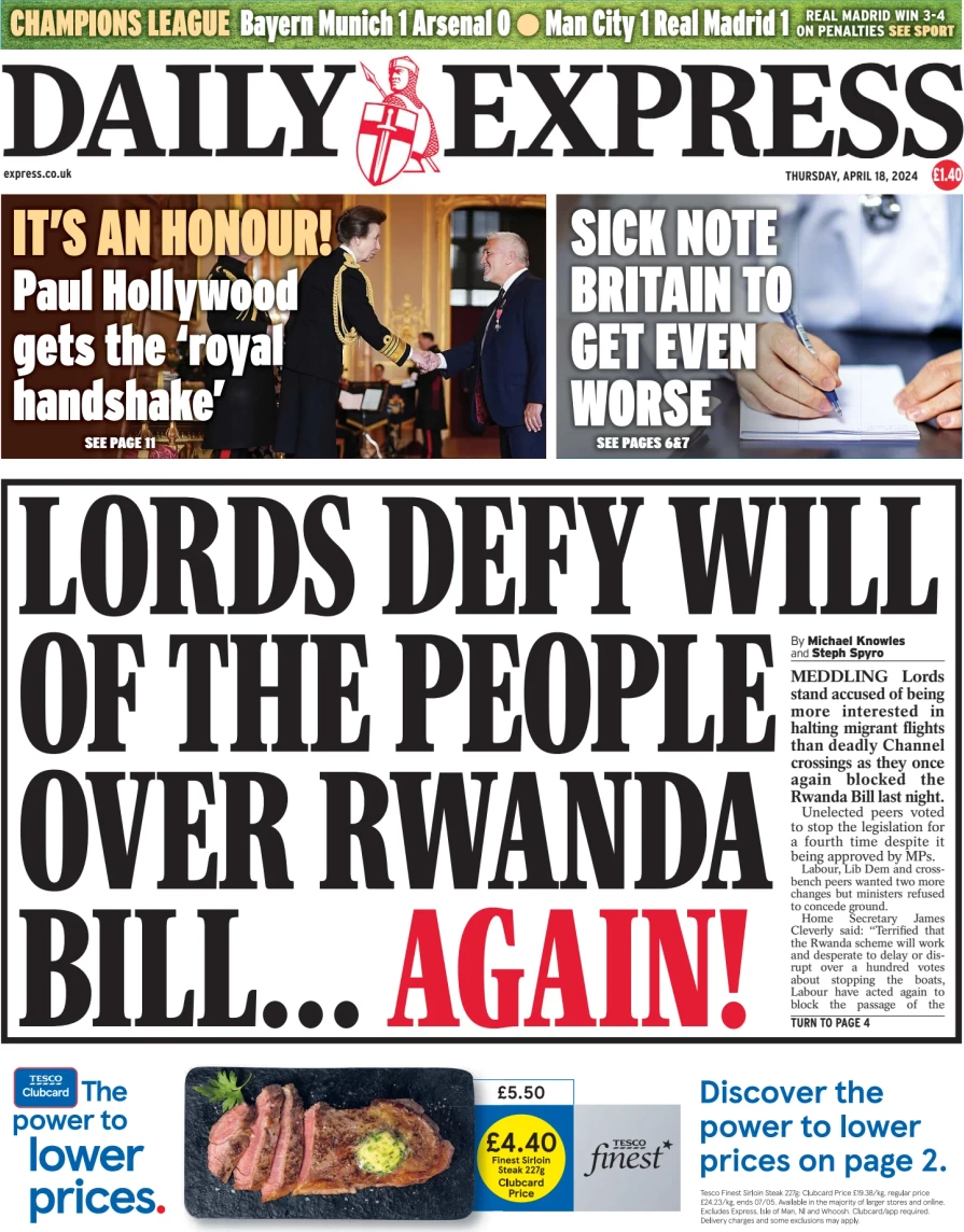 Daily Express - Lords defy will of the people over Rwanda bill 
