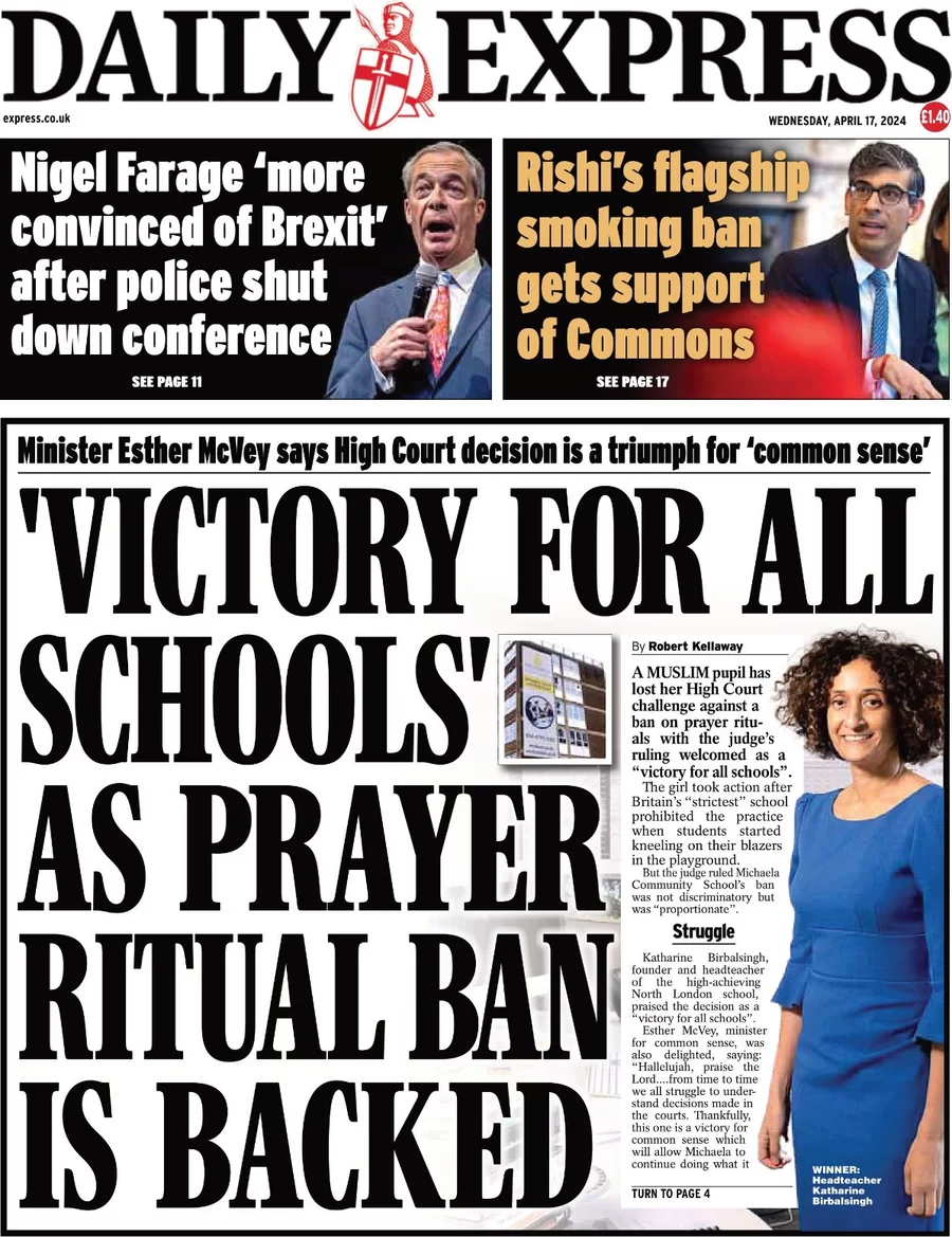 Daily Express - Victory for schools as prayer ritual ban is backed 