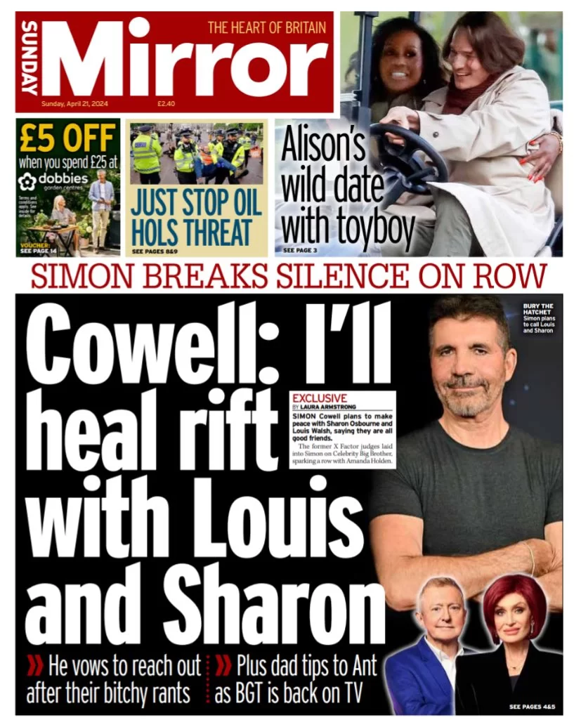 Sunday Mirror - Cowell: I’ll heal rift with Simon and Sharon 