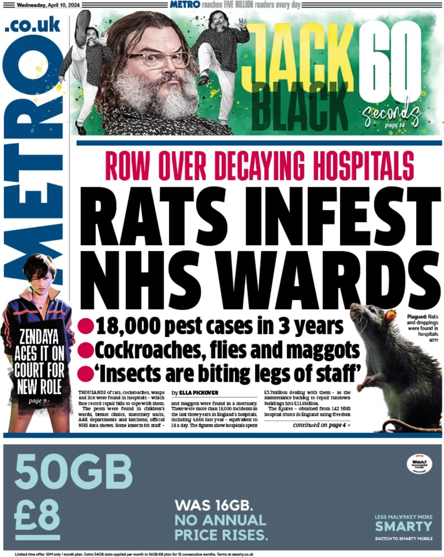 Metro - ‘Rats infest NHS ward’  