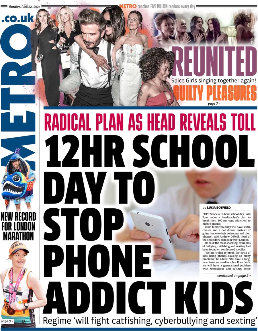 Metro - 12hr school day to stop phone addict kids