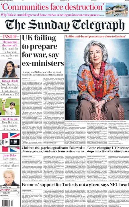 The Sunday Telegraph – UK failing to prepare for war, says ex-ministers