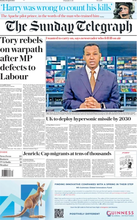 The Sunday Telegraph – Tory rebels on warpath after MP defects to Labour 