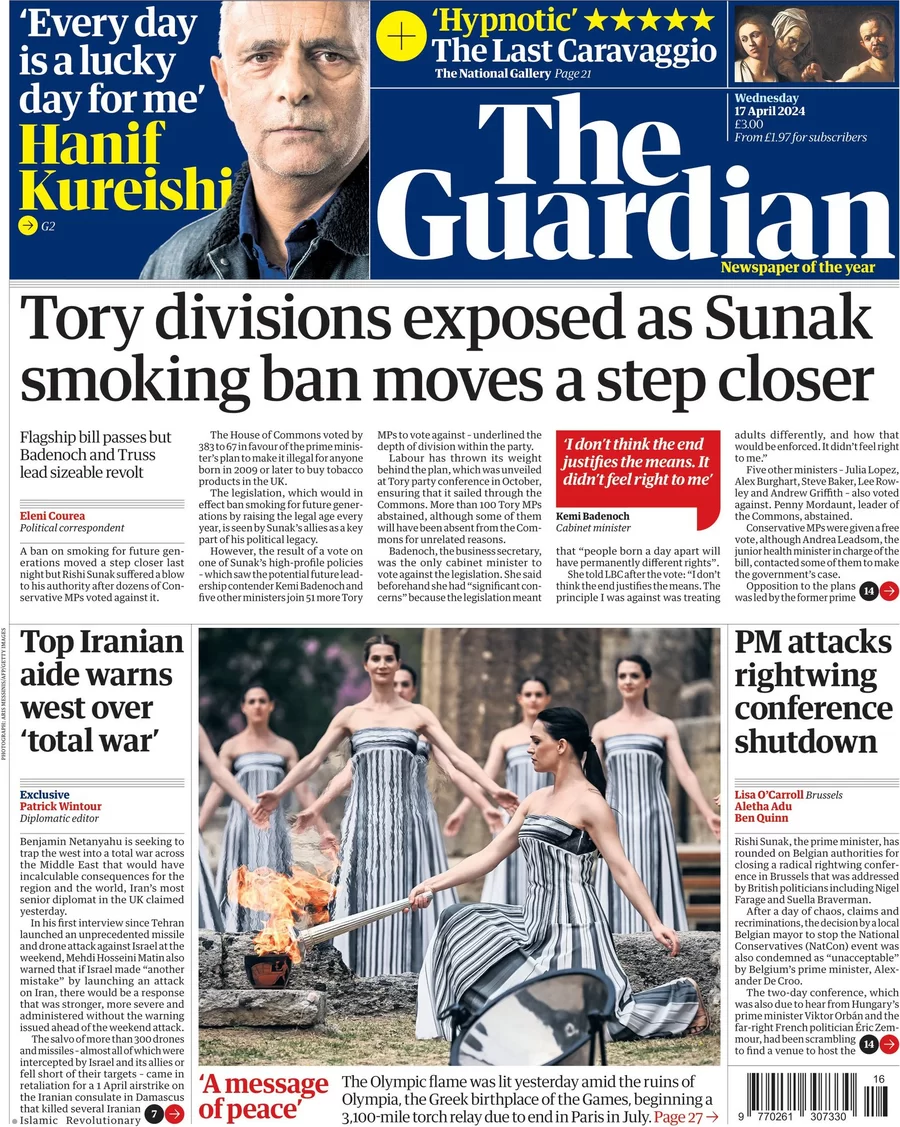 The Guardian - Tory divisions exposed as Sunak smoking ban moves a step closer 