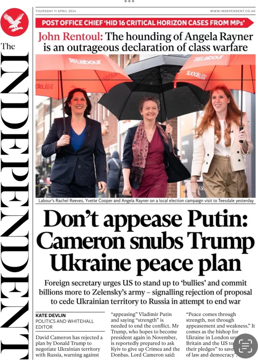 The Independent - Don’t appease Putin: Cameron snubs Trump’s Ukraine peace plan 