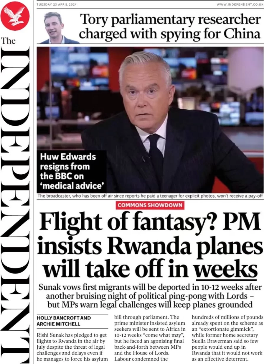 The Independent - Flight or Fantasy? PM insists Rwanda planes will take off in weeks