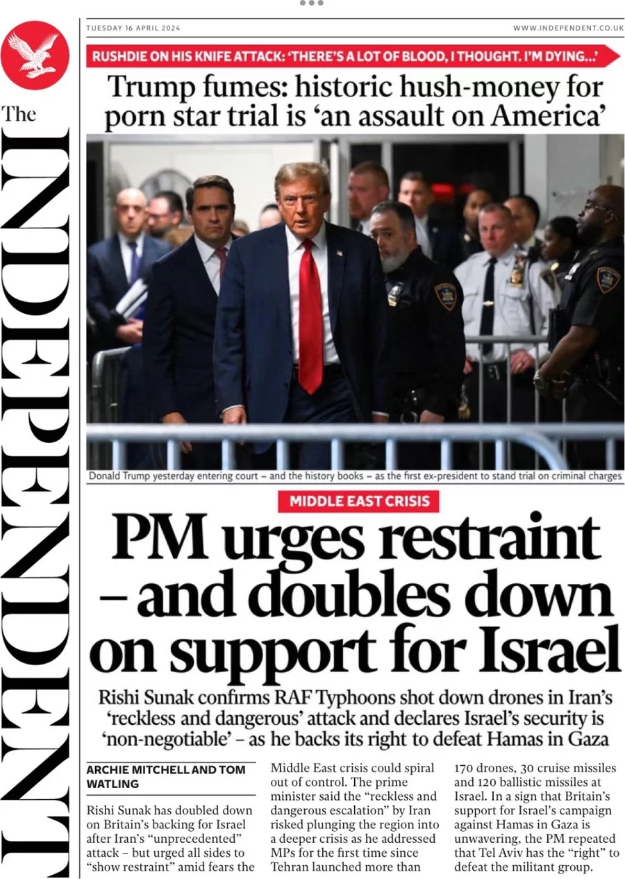 The Independent - PM urges restraint - and doubles down on support for Israel 