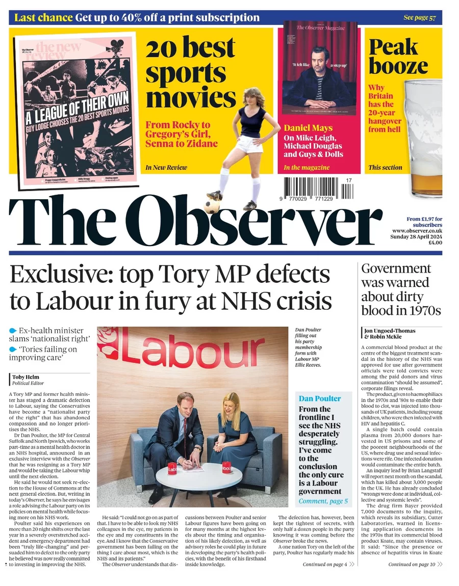 The Observer - Top Tory MP defects to Labour in fury at NHS crisis