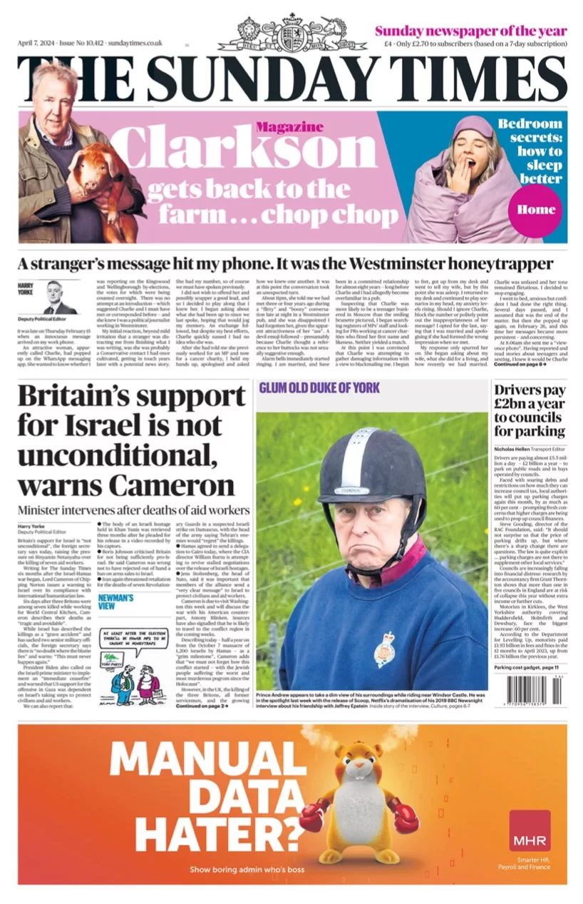 The Sunday Times - Britain’s support for Israel is not unconditional, says Cameron 