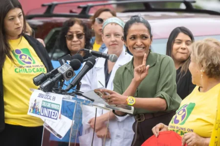 L.A. Council member Nithya Raman rallies with working moms over child care crisis