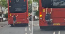 Teenager clings onto back of moving bus wearing flip-flops in London | UK News