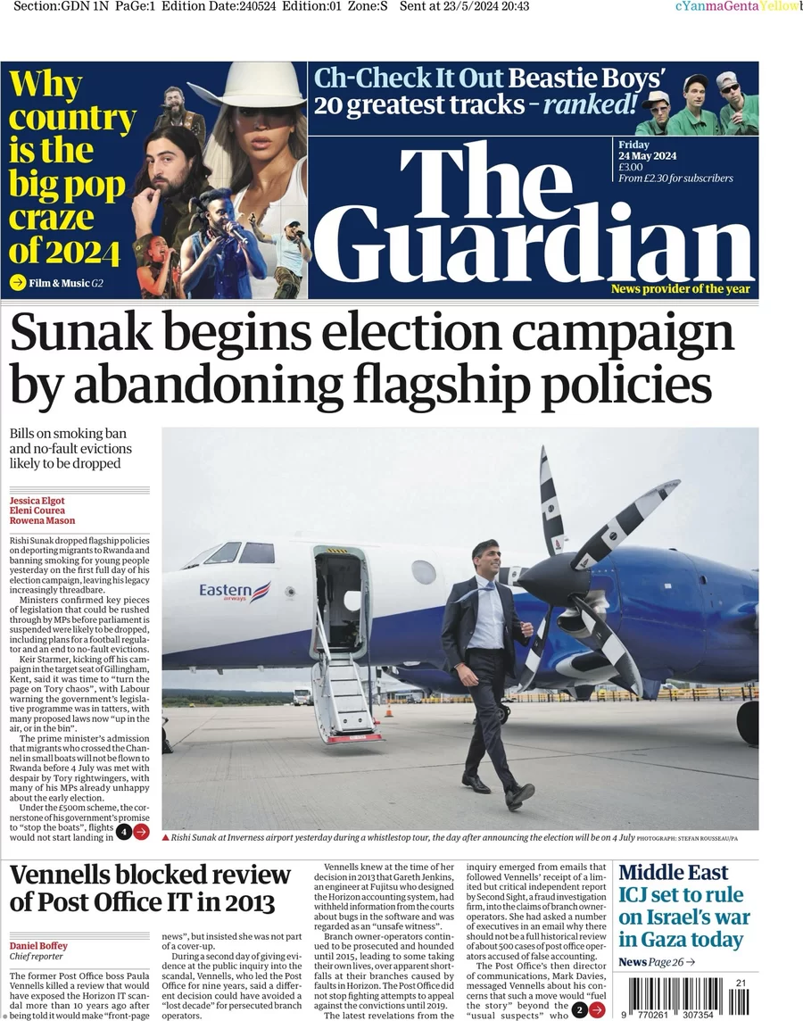 The Guardian - Sunak begins election campaign by abandoning flagship policies