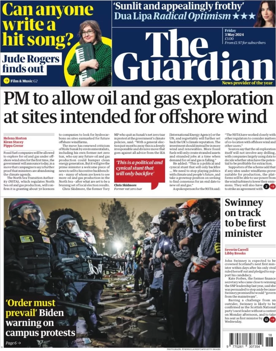 The Guardian - PM to allow oil and gas exploration at sites intended for offshore wind