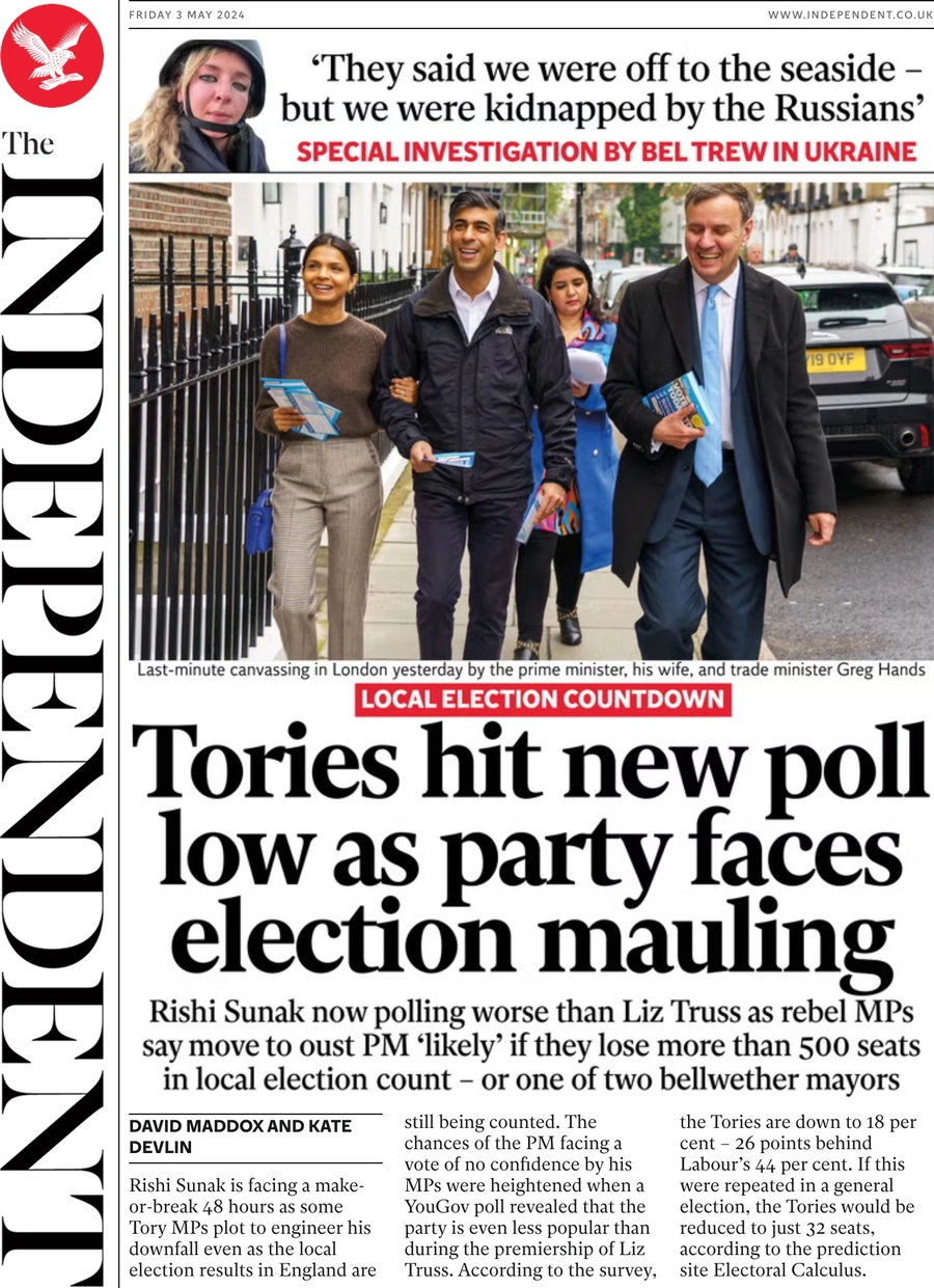The Independent - Tories hit new poll low as party faces election mauling 