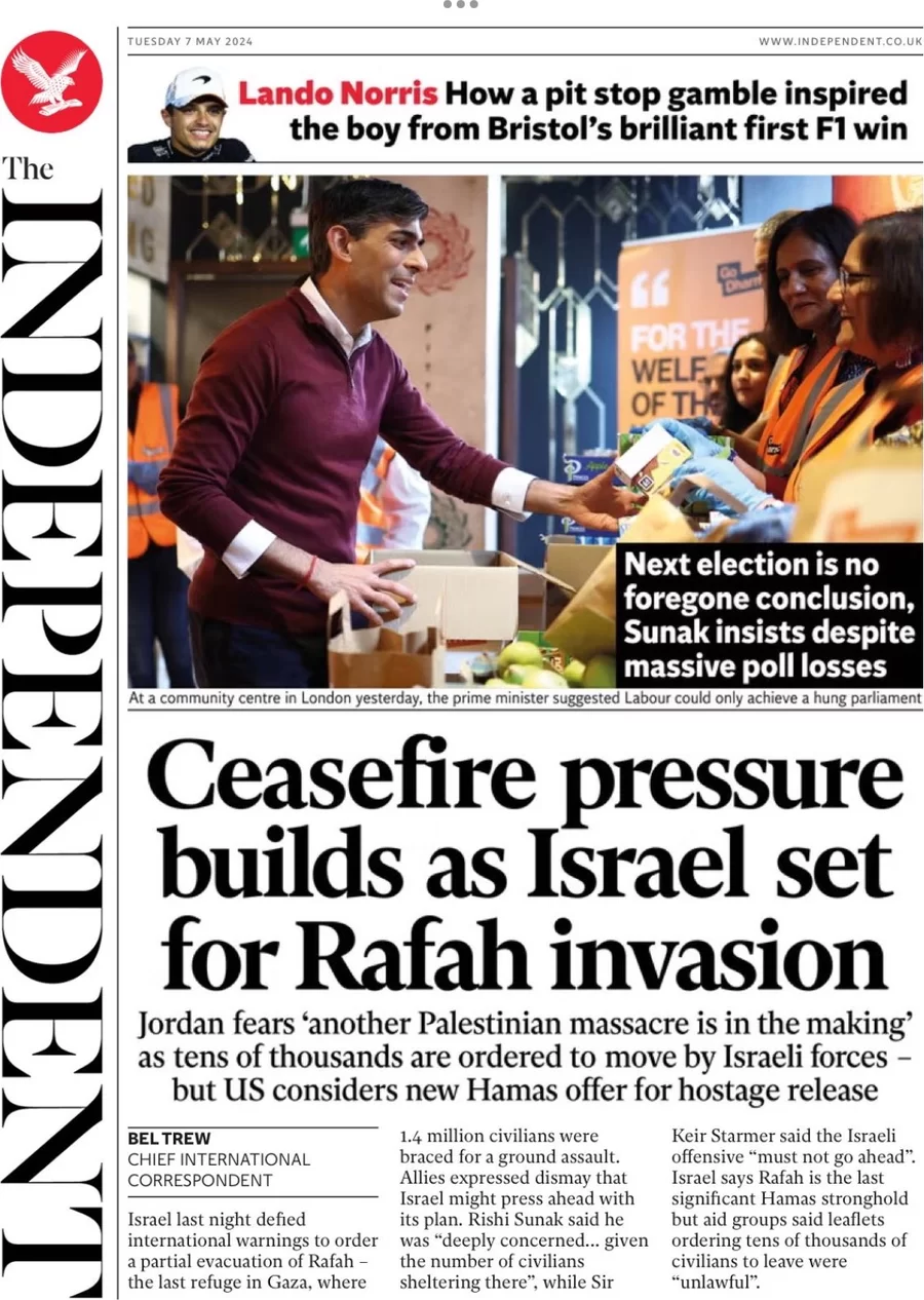 The Independent - Ceasefire pressure builds as Israel set for Rafah invasion 