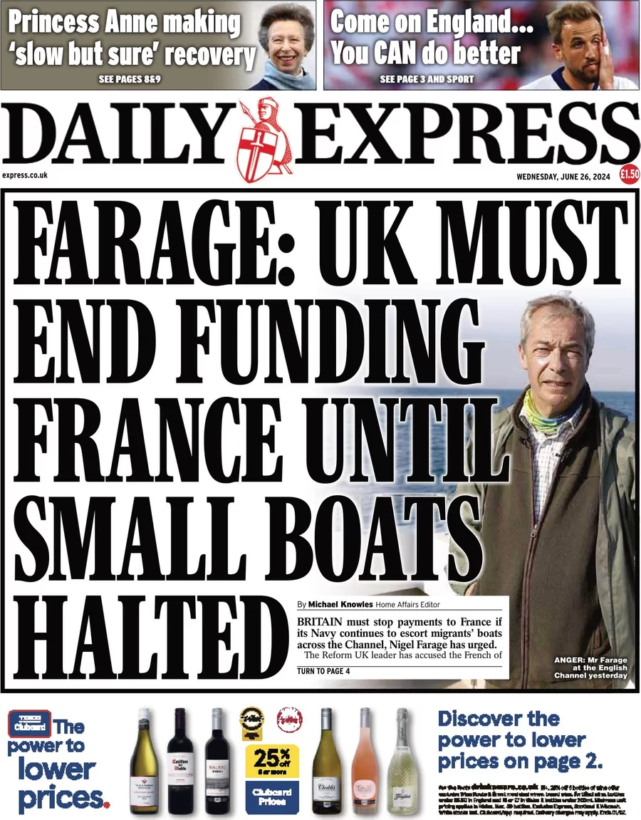 Daily Express - Farage: UK must end funding France until small boats halted 
