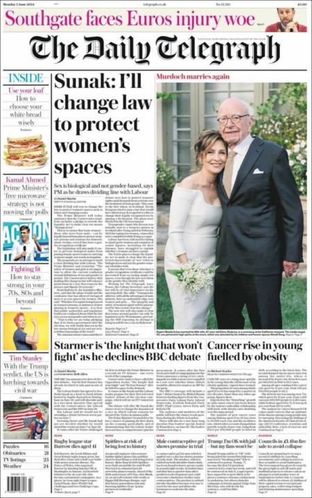 The Daily Telegraph – 4-6-2024 – Sunak: I’ll change law to protect women’s spaces