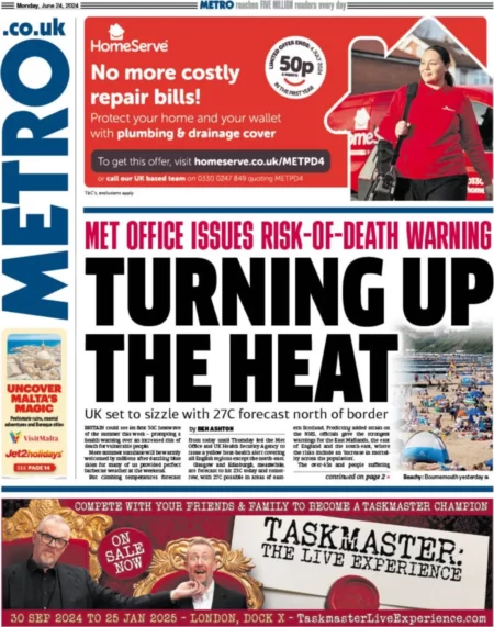 Metro – Met Office issues risk-of-death warning: Turning up the heat