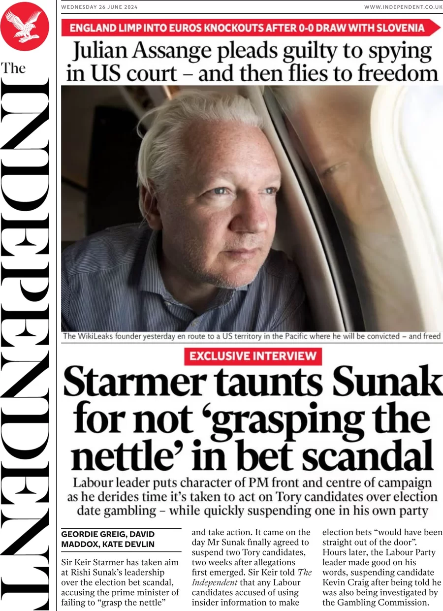 The Independent  - Starmer taunts Sunak for not grasping the nettle in bet scandal 
