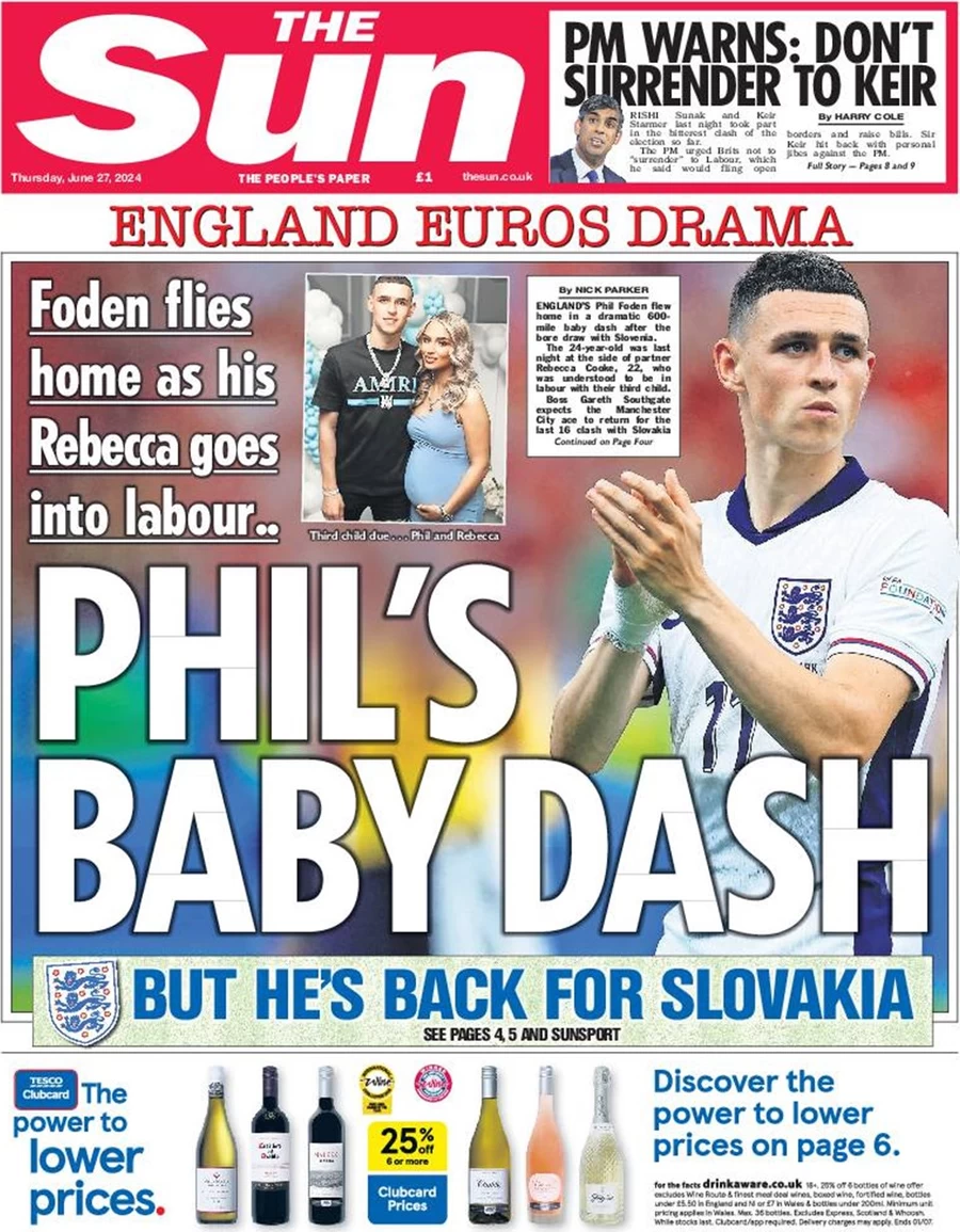 The Sun - England Euros drama: Phil’s baby dash 
