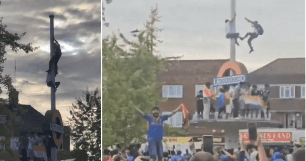 Crowd gasps in horror as cricket fan plummets from London tube sign