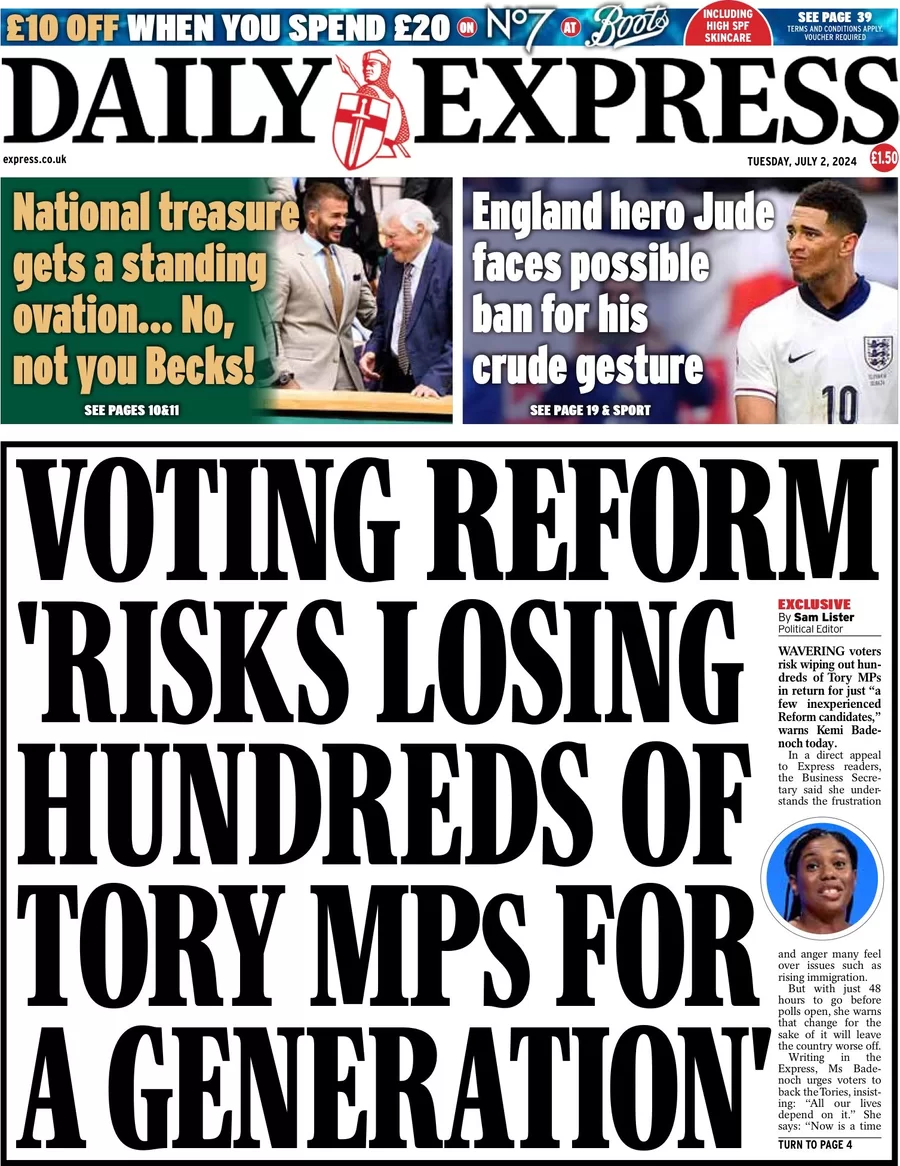 Daily Express - Voting Reform risks losing hundreds of Tory MPs for a generation 
