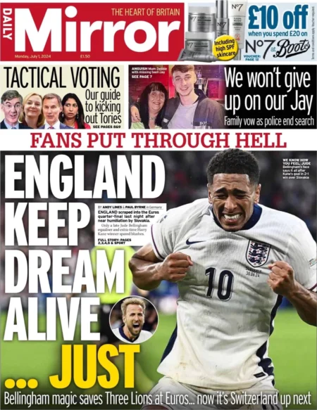 Daily Mirror – England keep dream alive …. Just 