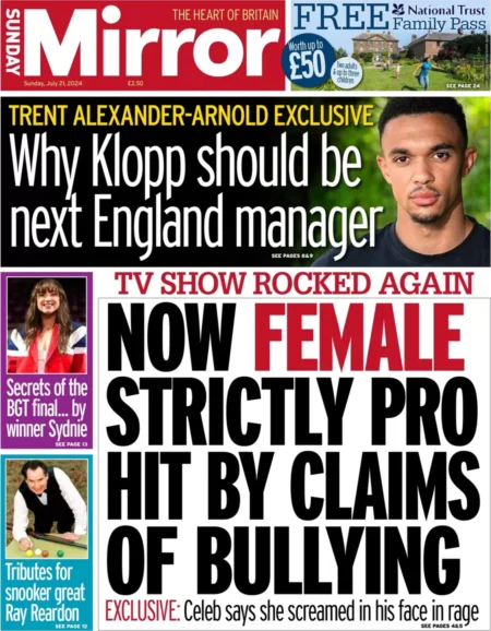 Sunday Mirror – Now female Strictly pro hit by claims of bullying 