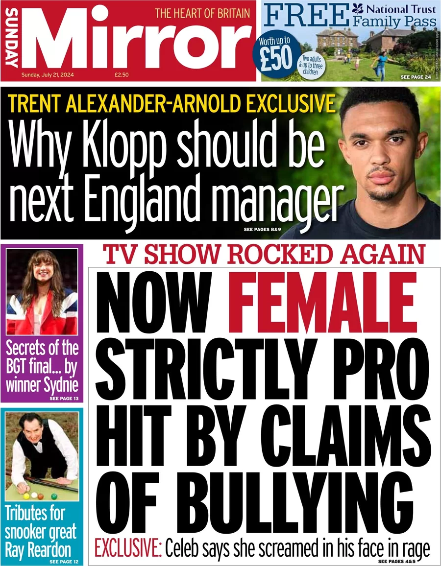Sunday Mirror - Now female Strictly pro hit by claims of bullying 
