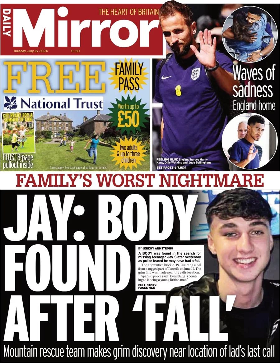 Daily Mirror - Jay: Body found after ‘fall’ 
