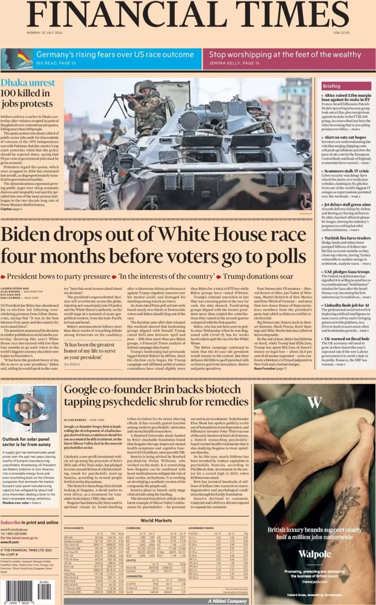 Financial Times – Biden pulls out of White House race and endorses Harris as his successor 