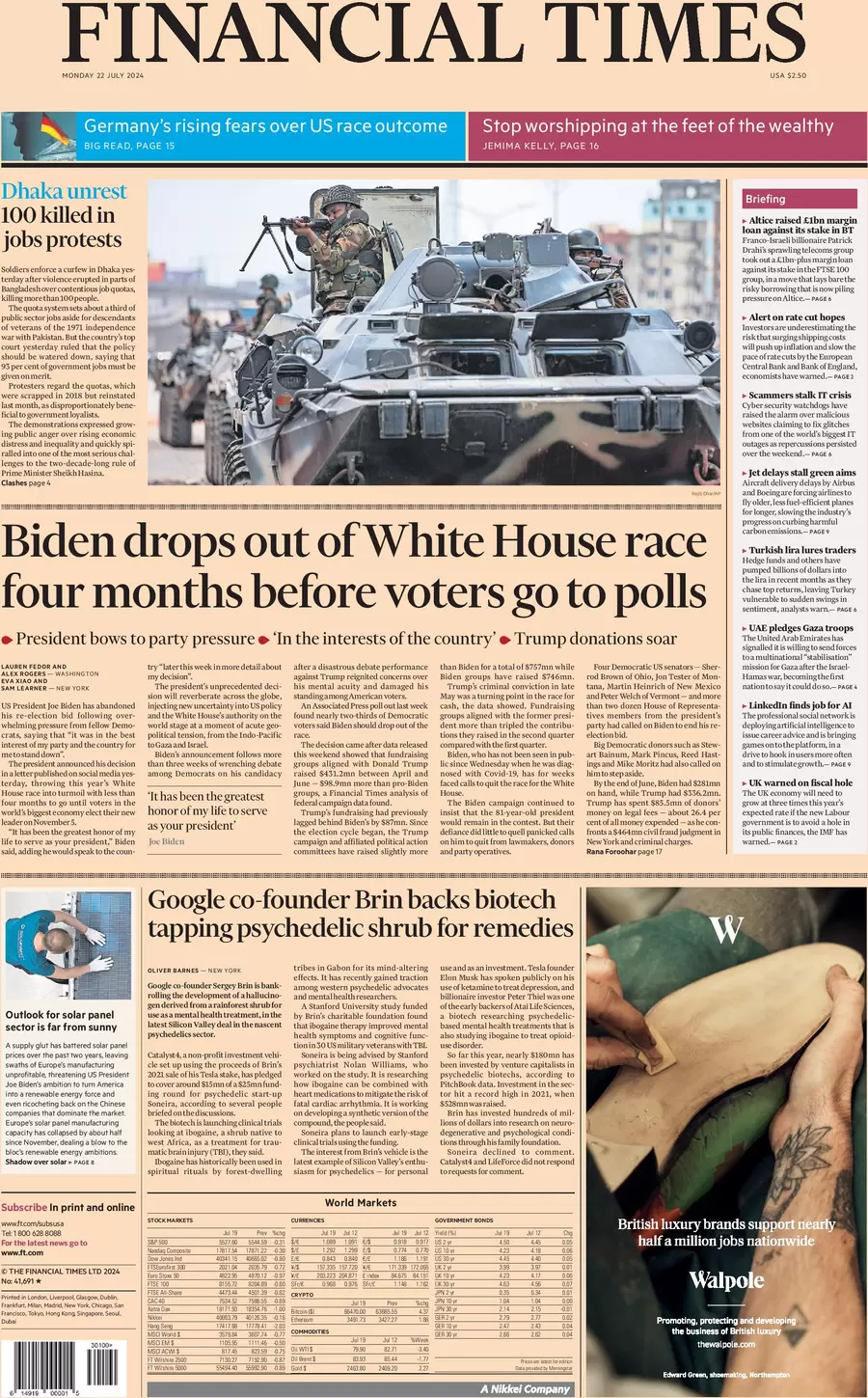 Financial Times - Biden pulls out of White House race and endorses Harris as his successor 
