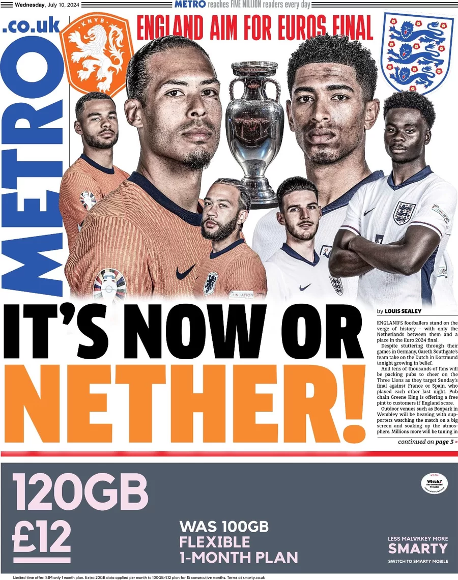 Metro - England aim for Euros final: It’s now or Nether 
